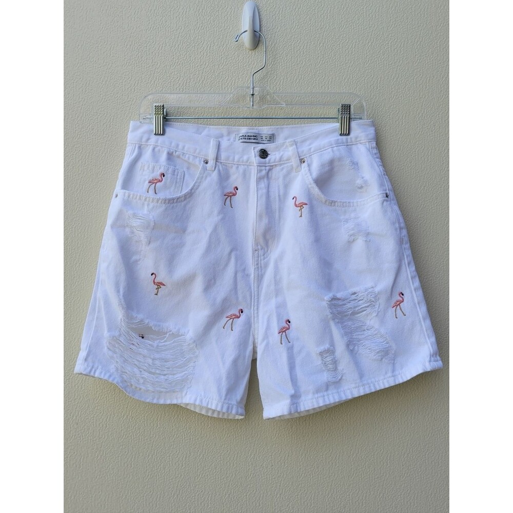Zara Basic Women's White Distressed Jean Shorts with Pink Flamingo Embroidery